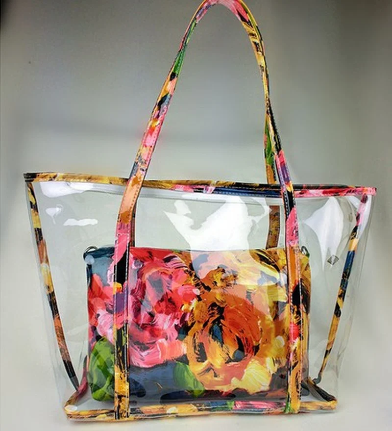 PVC beach Bag zip open transparent big bag size 47*30cm interior flowers zip open small bag for cosmetics colorful big tote bag