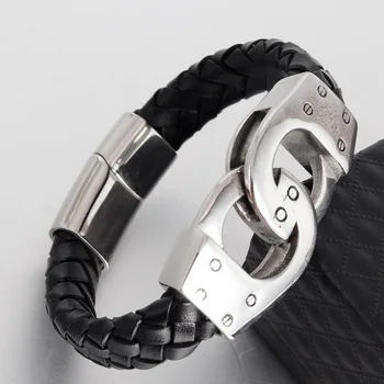 Pulsera con esposas de acero inoxidable pulsera para hombre hecha a mano trenzada, pulsera de cuero genuino negro, joyería erkek bileklik