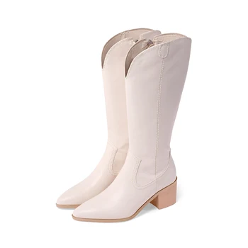 

poined Toe Female knee high Boots Concise 2020 Autumn Winter Side Zipper Thick Heels Pumps Wedding Prom Shoes Woman