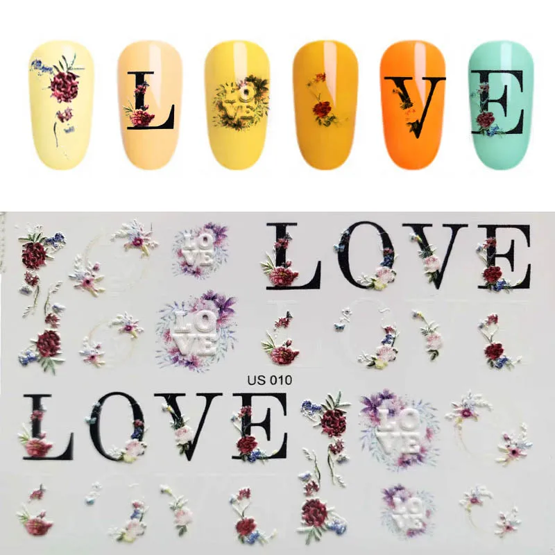 

1pc 3D Acrylic Engraved Love Nail Sticker Embossed Shell Nail Water Decals Fashion Empaistic Nail Water Slide Decoration