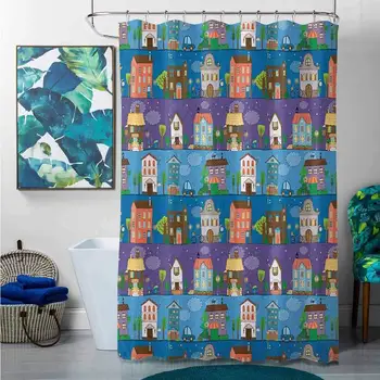

Shower Curtains Dog Subtle Urban,Hand Drawn Style Colorful Townhouses City Architecture Twilight Trees Cars and Owls,