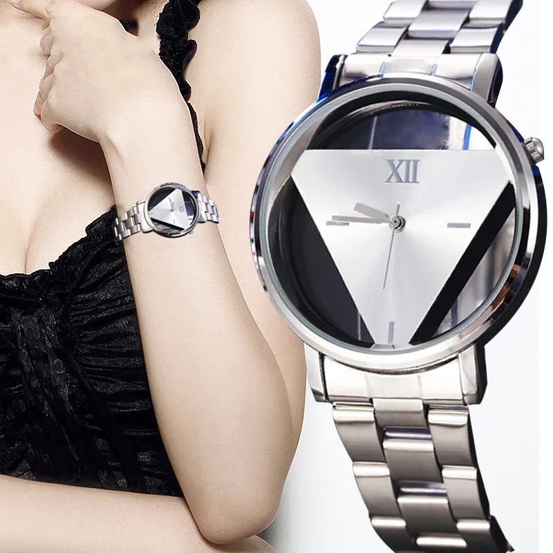 

Women Quartz Watch Simple Printed Triangular Geometric Wrist Watches with Steel Strap LXH