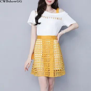 

CWBshowGG Small fragrance short-sleeved strapless T-shirt 2020 spring and summer lace ladies suit hollow out skirt two-piece