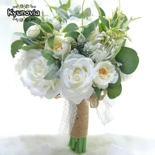 Kyunovia зеленый лист розы невесты букет кружева пеньковая веревка ручка Whtie Свадебные букеты ramos de damas ramo de novia BY56