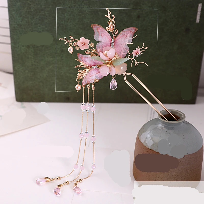 Ручная работа бабочка кисточка Kanzashi шаг встряхнуть аксессуары для волос Классический в стиле ханьфу косплей реквизит украшения для женщин девушка 1 шт - Цвет: A