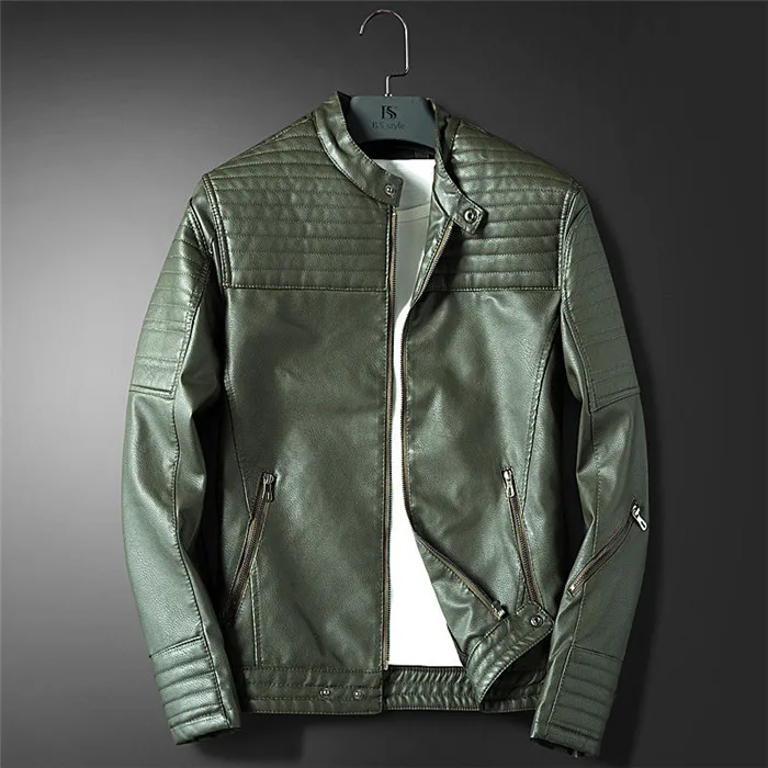 Amry green Красивые осенне-зимние мужские Куртки из искусственной кожи, пальто с длинным рукавом и стоячим воротником, приталенное повседневное Мужское пальто из искусственной кожи - Цвет: Amry green