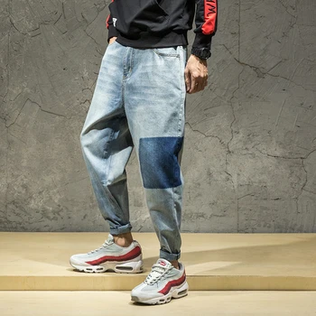 

Casual Men's Cargo Pants Loose Retro Male Jeans Pants Solid Color Washed Patchwork Denim Trousers Harem Pants Blue 28-42