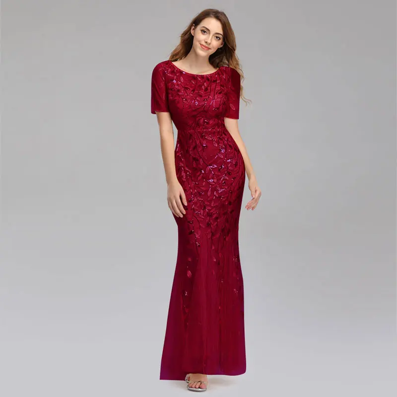 Beauty Emily O Neck Sequins Long Appliques Evening Dresses Short Sleeve Tiered Hems Prom Gowns Pleated Vestido de noche
