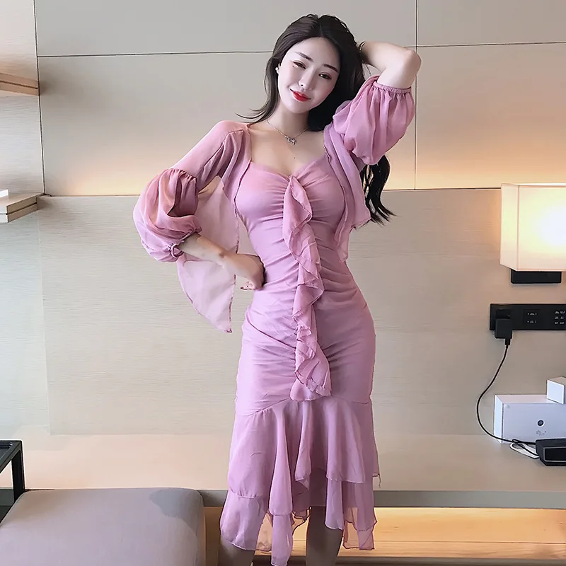 Летнее праздничное пальто Xian Qi для фотосессии тонкий кардиган с длинными рукавами+ платье на бретельках с оборками 8726