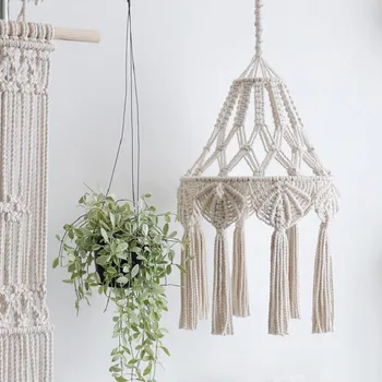 

Hand-woven Cotton Rope Macrame Lamp Shade Cover Handmade Wall Hanging Tapestry Bohemian Decoration for Home Coffee Restaurant