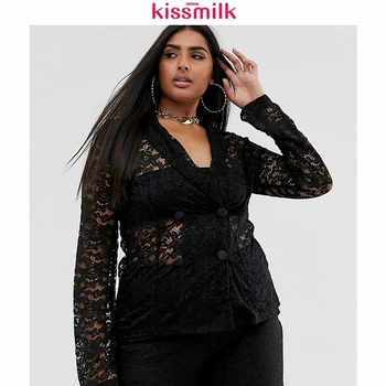 

KISSMILK Plus Size Large Loose New Fashion Ladies Casual Simple Womens Female Hollow Out Long Sleeve V-neck Lace Suit Jacket