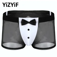 Мужское нижнее белье, купальник Butler, официант, смокинг, сексуальное белье, прозрачные сетчатые трусы-боксеры, трусы, нижнее белье с кроличьими ушками сзади