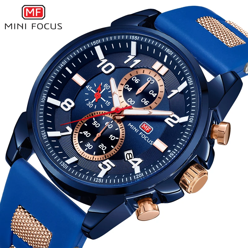 MINI FOCUS Chronograph Quartz Watches Men Blue Silicone Army Sport