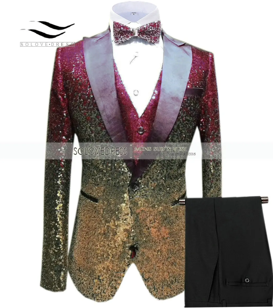 Solovedress мужской костюм, расшитый пайетками модный градиентный цвет вечерние смокинги для сцены с пиковым отворотом 3 штуки винтажный Блестящий бордовый фрак - Цвет: Burgundy-Gold
