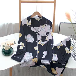 Spring and Autumn Pure Cotton Cotton Silk Viscose Pajamas Set Ladies Summer Long Sleeve Pants Sweet Homewear Two Piece Set