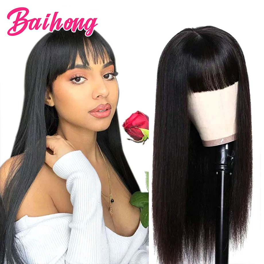 Long Straight Wig With 30Inch Bangs Cheap Human Hair Wigs For Black Women Brazilian Natural Human Hair Pre Plucked Baihong Hair