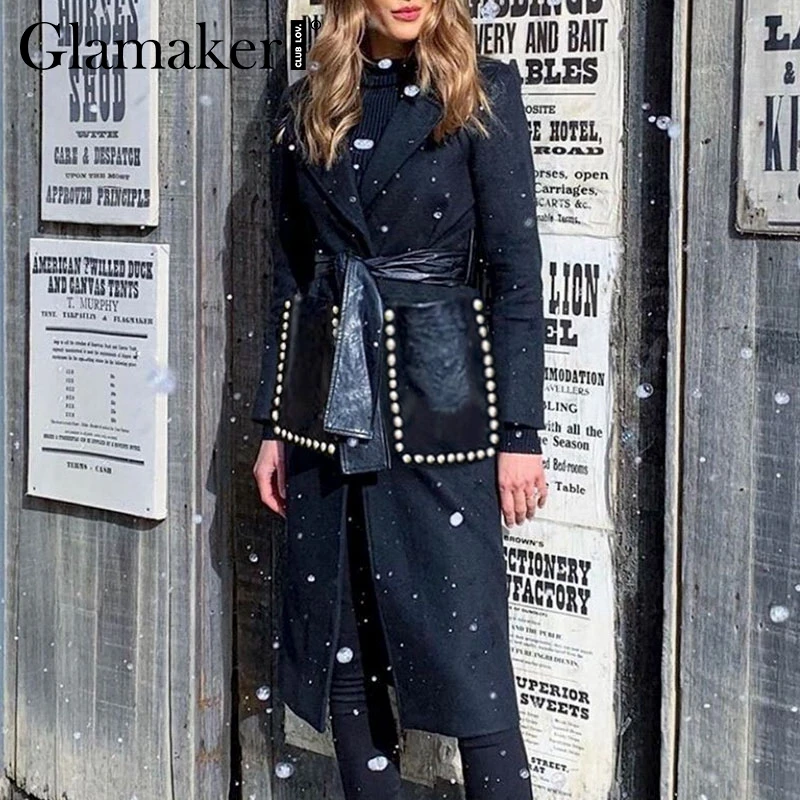 Женский шерстяной Тренч Glamaker черный пикантный из искусственной кожи с