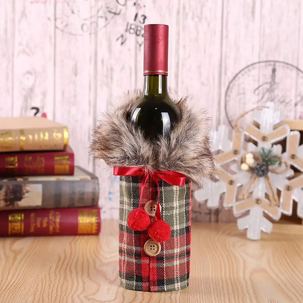 

1 Pc Christmas Wine Bottle Cover Bowknot Burlap Fur Table Gift Christmas Wine Collar Decoration Party Cover For Home Bottle C8R6