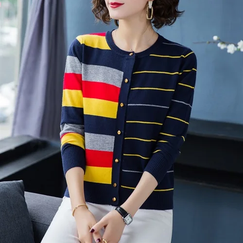 Navy blue Sueters De Mujer Moda Повседневный полосатый шерстяной свитер женский однобортный с длинным рукавом Женский вязаный кардиган - Цвет: Navy blue
