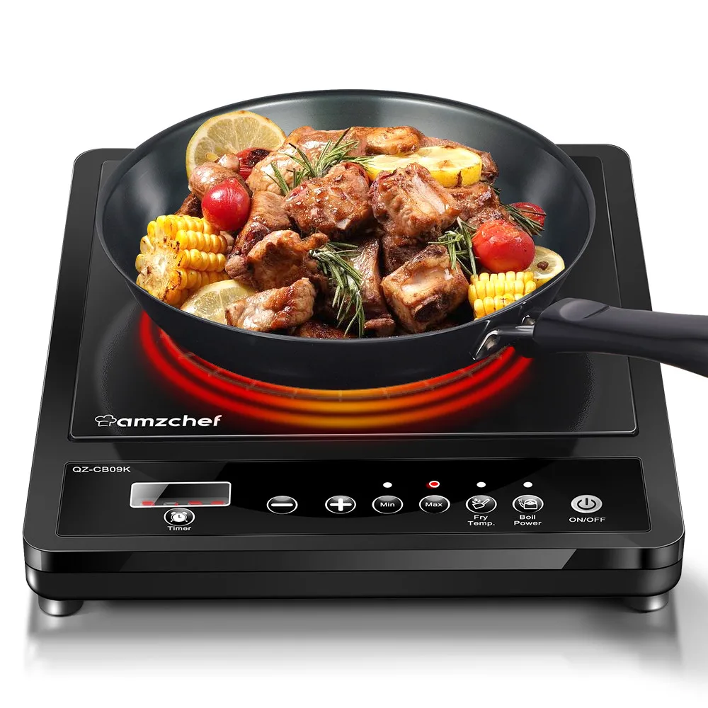 AMZCHEF Induction Cooker Portable 2000W Ceramic Glass Plate with LED Display Electric Hob Portable Sensor Touch Control Timer