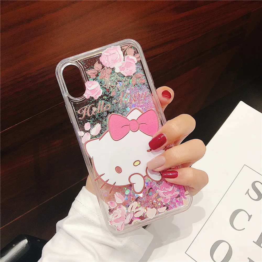 Аниме милый Hello kitty Блестящий зыбучий песок ТПУ чехол для телефона для iPhone 11 Pro 6s 7 8 Plus X XR XS MAX блестящий чехол