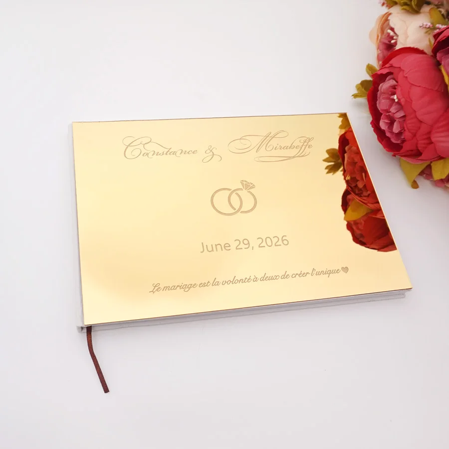 Horizontal check in message book Personalized acrylic mirror diamond double rings design cover Wedding signature guestbook
