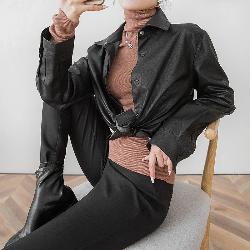 

2020 New Autumn Blouse Woman Long Sleeve Fashion Simple Locomotive Windy Soft Pu Leather Shirt Handsome Comfortable Jacket Tops