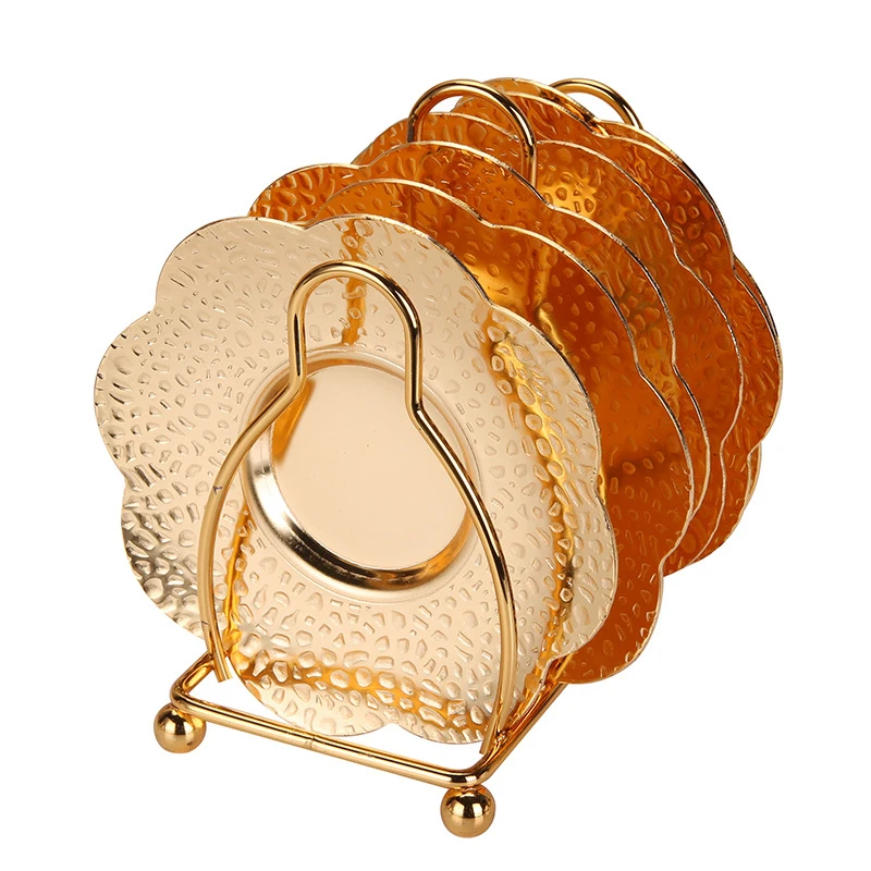 

1*Cup Holder+6pcs Coasters European Style Vintage Gold Saucer Tea Pad Tray Drink Metal Coaster High Quality