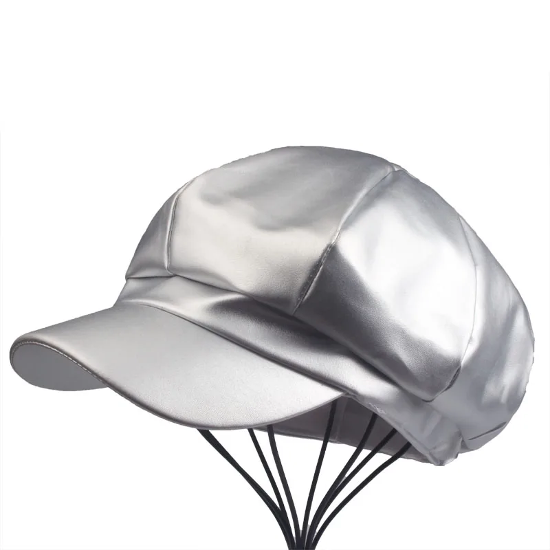 [YARBUU] бренд из искусственной кожи восьмиугольная кепка Женская snapback модная Высококачественная Осенняя шапка аксессуары для отдыха - Цвет: silvery