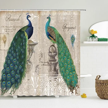 

Peacock Feather Bath Curtains 3d Retro Flower Birds Shower Curtain Screen 12 Bath Chinese Polyester Waterproof Bathroom Hooks