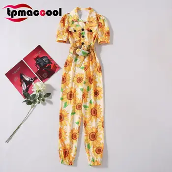 

Tpmaccool Luxury designer Summer High-End Women Clothing New Patch Pocket Sunflowers print Jumpsuit Playsuit Bodysuit with Belt