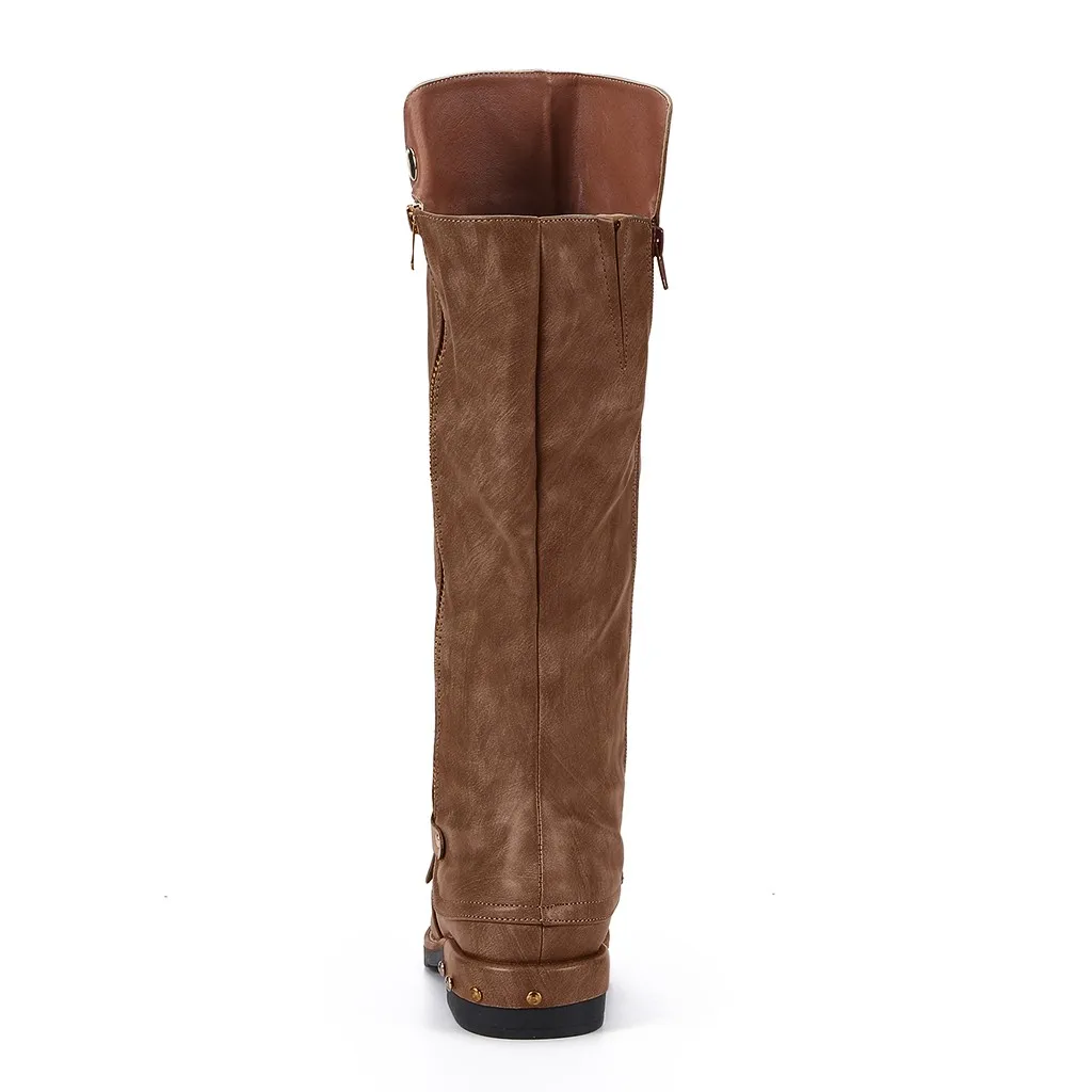 Leather Boots Winter And Autumn Shoes Woman Western Style Cowboy Riding Boots Casual Knee Middle Tube Boots Zapatos De Mujer