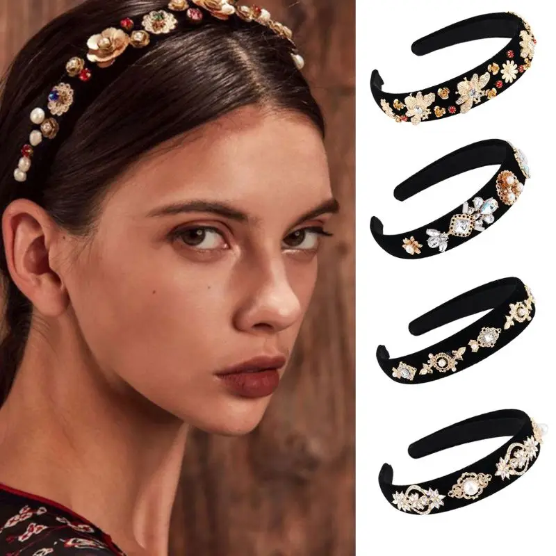 

Retro Fashion Women Headband Wide-brimmed Hairband Baroque Rhinestone Head Hoop Artificial Pearl Hair Accessories