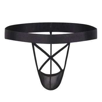 

Men's Briefs Sexy U Convex Faux Leather Tulle Thong See Through Underpants Breathable Underwear Male Lingerie