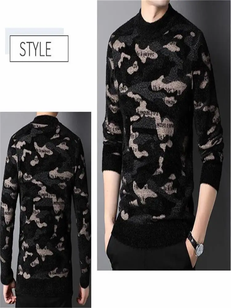 New Spring Autumn Men's Casual Round Neck Knit Sweater Youth Fashion Camouflage Pattern Sweater Top mens green sweater