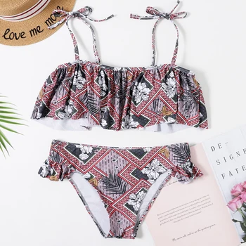 

2020 Ruffle Sexy 2 Piece Bikini Set Flounce Crop Top Side Tie Drawstring Bottoms Swimsuit Tropical Leaves Print Bathing Suit