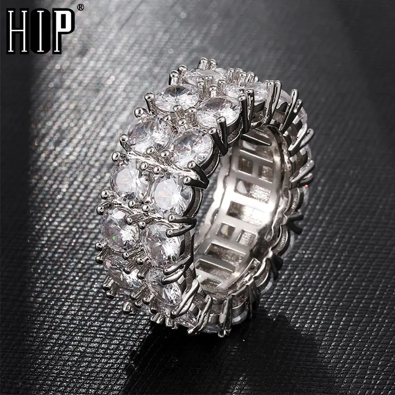 

HIP Hop 2 Row Classic CZ Solitaire Ring Gold/Silver Color Iced Out Zircon Charm Round Ring For Men Women Jewelry Size 8-11
