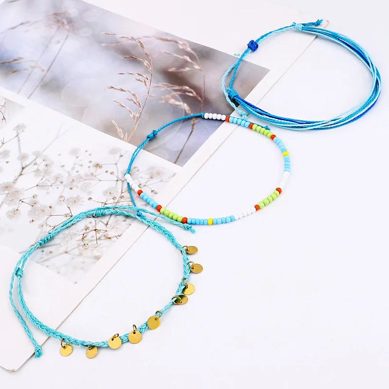 3 шт./компл. Miss JQ Boho женские браслеты для щиколотки синяя Смешанная цепочка с бисером на лодыжку модная мини металлическая круглая подвеска Плайя аксессуары