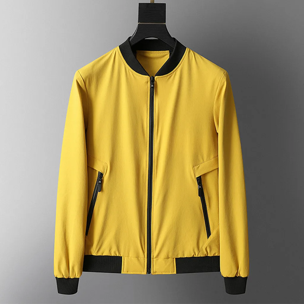Повседневная спортивная куртка чистого цвета мужские с воротником-стойкой на осень и зиму, на молнии, с длинными рукавами, куртка из полиэстера, большие обычные размеры, пальто