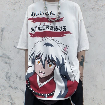 

Anime Inuyasha T-shirt Fashion Loose Retro Men Women Cartoon White Tees