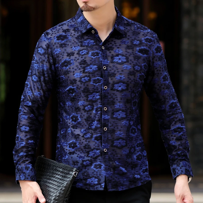 Гавайская рубашка, мужские вечерние рубашки на пуговицах, Chemise Homme, осенние мужские синие рубашки с цветочным принтом, деловые офисные