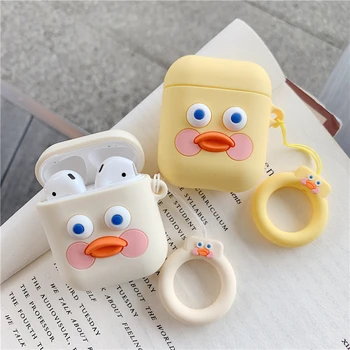 

For AirPods Case Cute Cartoon Duck Pattern Earphone Cases For Apple Airpod 1 2 Cover Funda with Finger Ring Strap MNL1