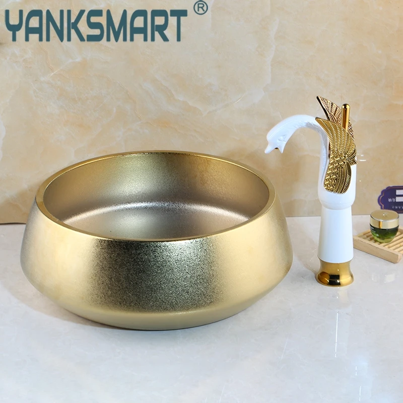 Bathroom Swan Basin Faucet Set Bowl Sinks Vessel Basins Ceramic Basin Sink Polished Golden
