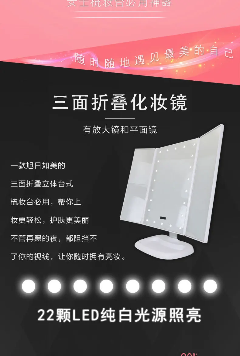 New Products Desktop Three Fold Makeup Mirror Human Body Sensing Makeup Mirror Metal Textured Makeup Mirror LED Mirror Lamp