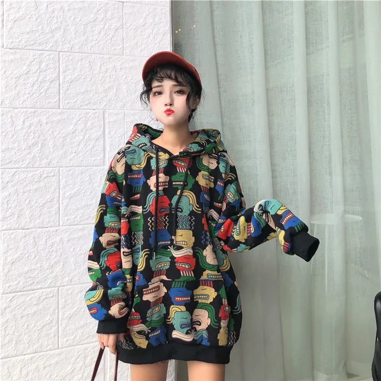 Neploe, осенние женские толстовки Harajuku, мультяшный принт, свободный карман, толстовка с капюшоном, негабаритный Женский пуловер, джемперы 55380