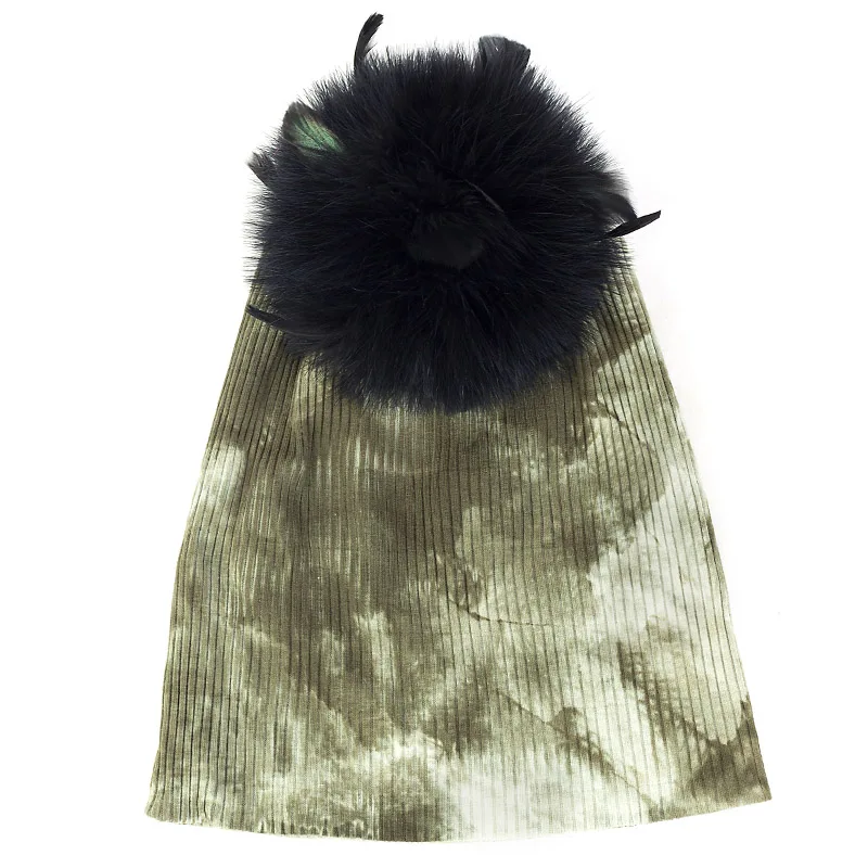 army green black Geebro Новая зимняя женская шапка с галстуком-красителем Повседневная однотонная 15 см страусиное меховое шапка с помпоном женская шапка теплая хлопковая Женская вязаные шапочки зимние, шапки - Цвет: army green black