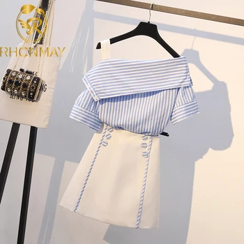 

New 2020 Summer Sexy Off Shoulder Striped Blouse Tops Sweet Women 2 Piece Set + Mini Black High Waist A Line Button Skirt Suits
