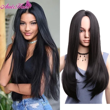 

Amir Kinky Straight Black Wig Middle Part Synthetic Wigs Long for Women pelucas Natural Middle Part Wig парик For Party Cosplay