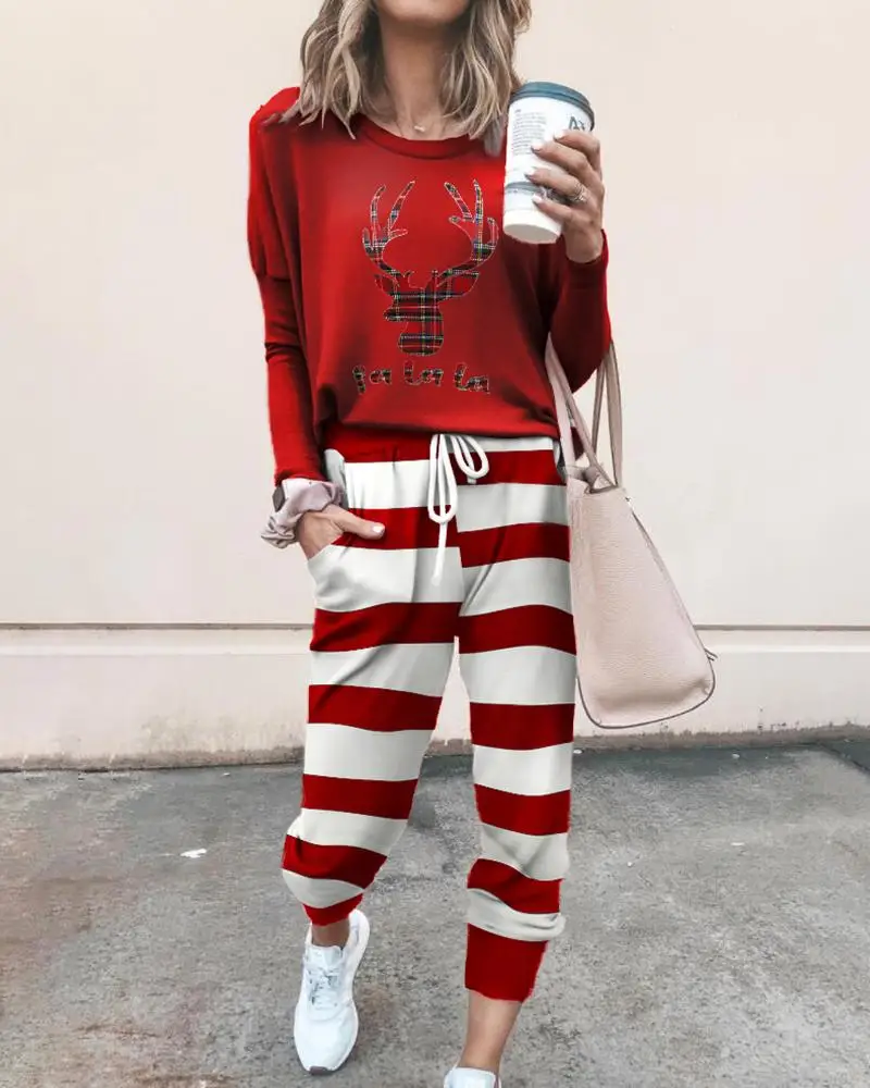 

2020 Women Autumn Casual Long Sleeve Shirt Top Striped Long Pants Christmas Moose Print Top & Drawstring Pants Set Suit Set Xmas