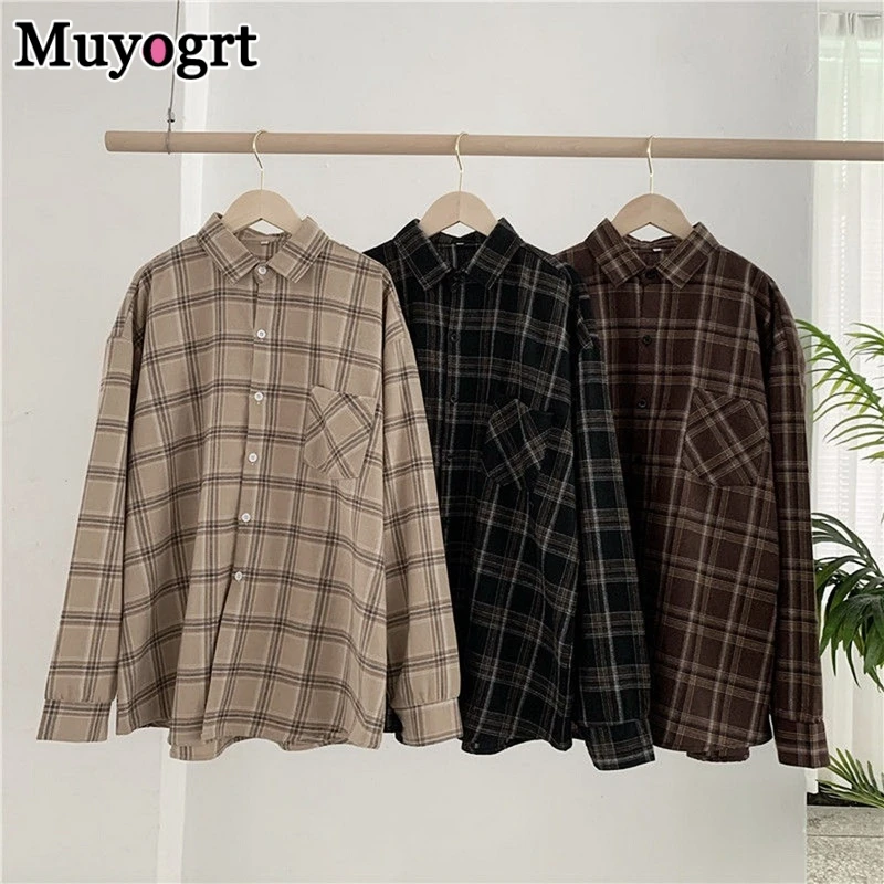 Muyogrt Women Shirt Plaid Oversized Brown Top Turn-down Collar Leisure Fashion Loose All-match Long Sleeves Soft Chic Korean Top